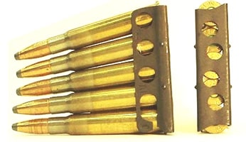 Side and back view of an ammo clip: A piece of steel shaped to hold rounds of ammo together.