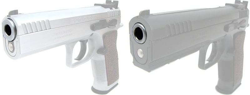 Closeup of bull barrel in a pistol vs. a standard barrel in a pistol