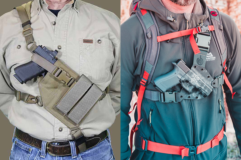 Chest carry holster demonstration, with two types.