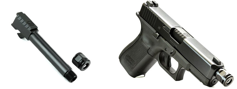 A comparison of a pistol with threaded barrel and attached compensator.
