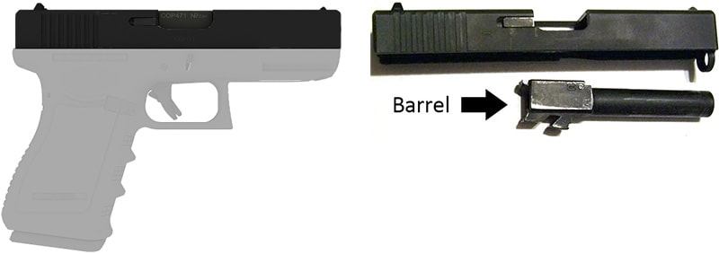 A diagram of an assembled pistol, next to a disassembled slide and barrel.
