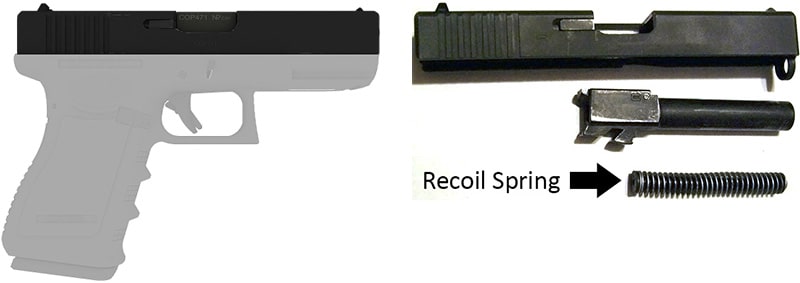 A diagram of an assembled pistol, next to a disassembled slide, barrel, and recoil spring.