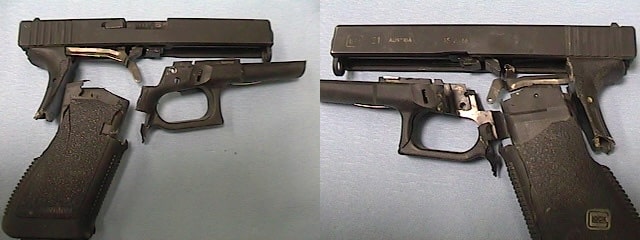 An earlier-generation Glock that exploded from overpressure +P+ ammo.
