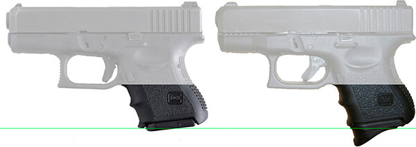 Grip of a Glock 26, comparing a flush magazine with one that has extra space for your pinky finger