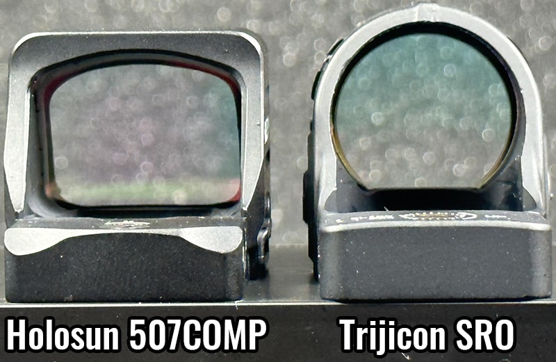 Holosun 507COMP compared to Tirjicon SRO. The window shapes are different, but the area for the SRO is smaller. The SRO window also sits higher.