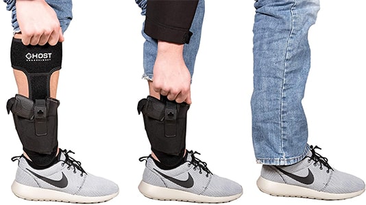 Pistol ankle holster demonstrates how it's concealed under a pant leg.