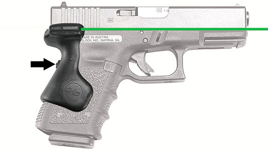 A Crimson Trace LG-639G mounted on a Glock 19. The activation button is on the grip, so when you grip the pistol tight, the laser turns on automatically.
