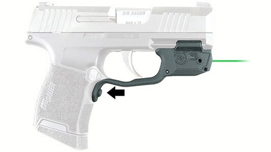 A Crimson Trace LG-422G mounted on a Sig p365. The activation button is on the grip, so when you grip the pistol tight, the laser turns on automatically.