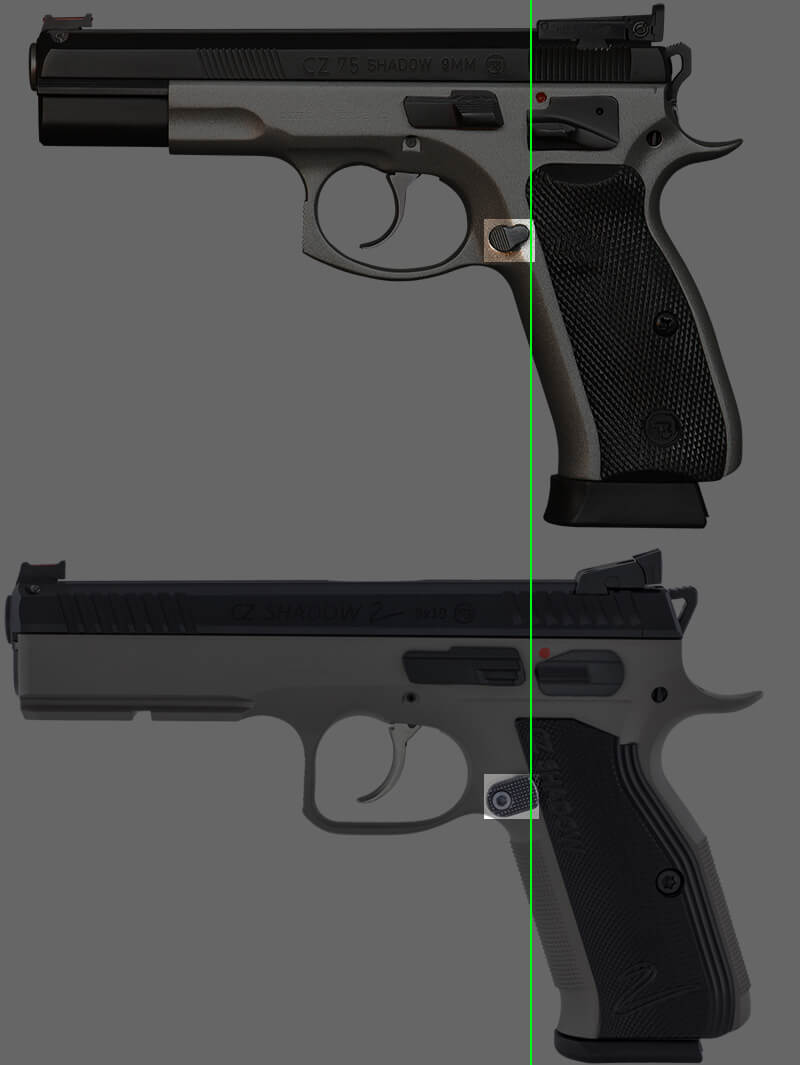 Magazine release of the CZ 75 vs. the CZ Shadow 2. One is easier to reach and press than the other.