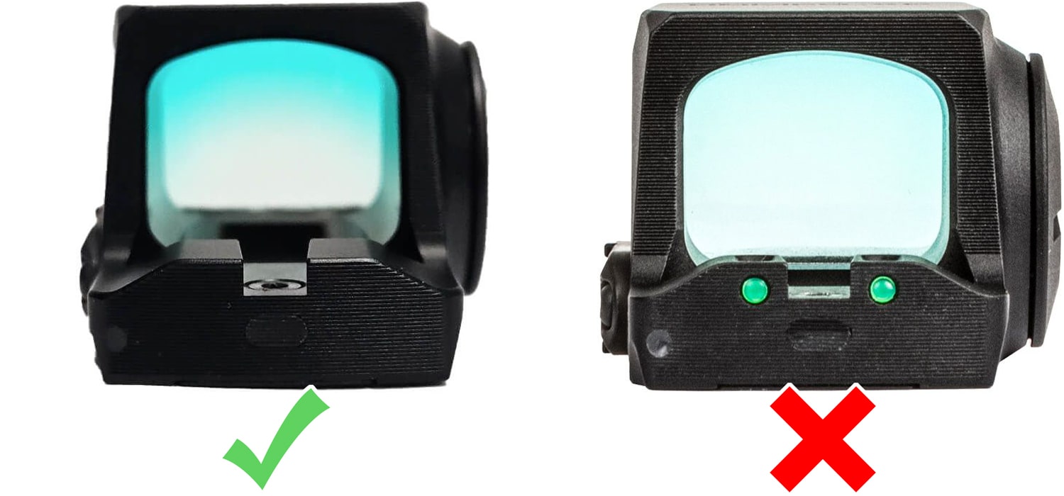 Sig Romeo-X Compact Blackout vs. Standard. Note the lack of fiber optic rods in the rear sight on the left.