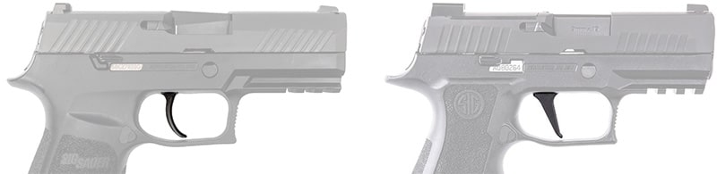A Sig p320 Compact, with a curved trigger, vs. a p320 X-Compact, with a flat trigger.