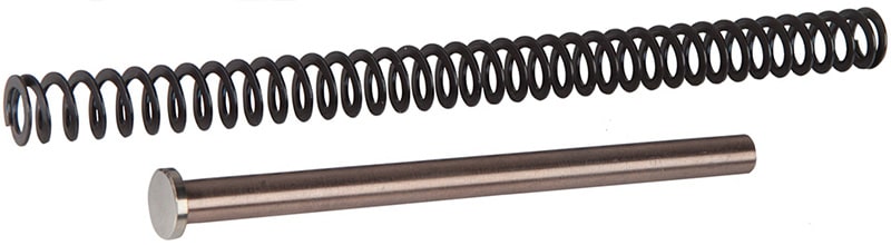 A tungsten guide rod and standard recoil spring. Tungsten is denser and heavier than plastic or steel.